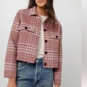 Joie Plaid Cropped Shacket Women's L Pink Brown Preppy Academia Boho Holiday